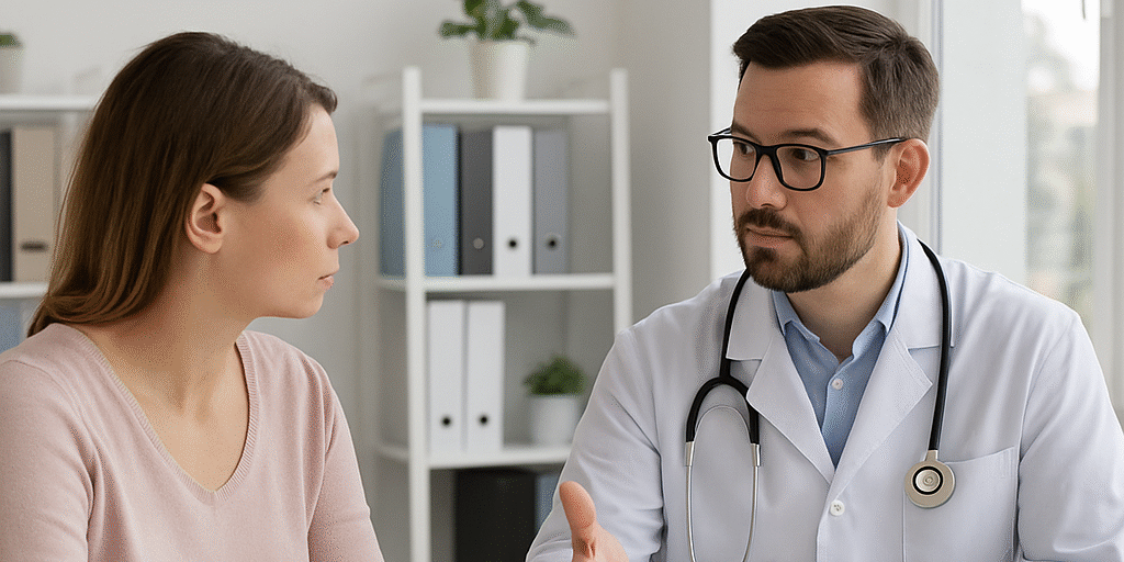 A doctor discusses pain management options with a seated female patient; text above reads "Top 7 Non-Surgical Pain Management Options in Port Charlotte and Venice.