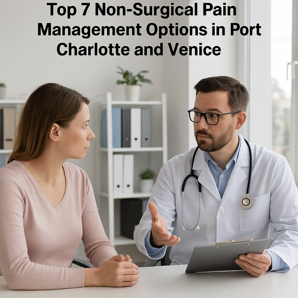 A doctor discusses pain management options with a seated female patient; text above reads “Top 7 Non-Surgical Pain Management Options in Port Charlotte and Venice. A doctor discusses pain management options with a seated female patient; text above reads "Top 7 Non-Surgical Pain Management Options in Port Charlotte and Venice.