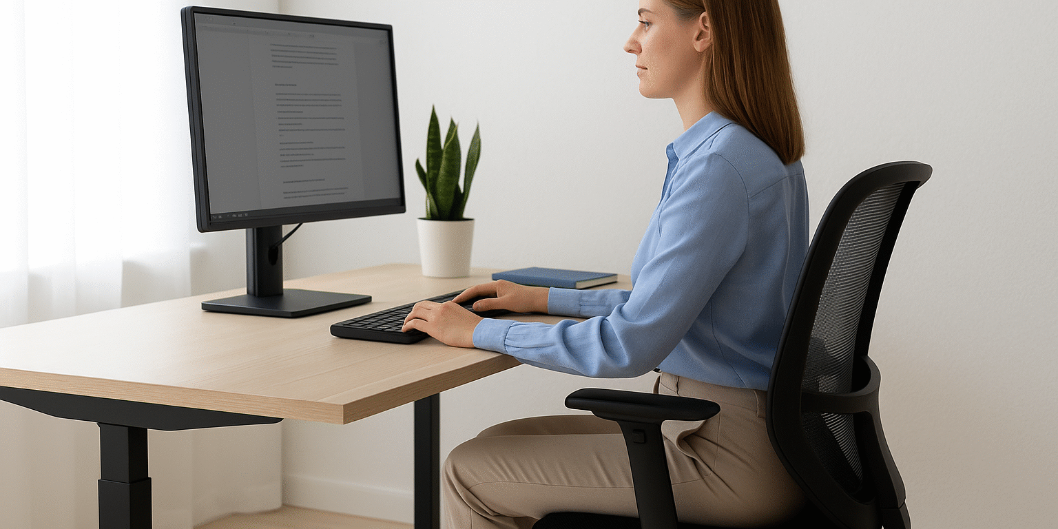 A woman sitting upright with perfect posture at a modern ergonomic desk in a bright, minimalist office, using a computer monitor positioned at eye level — illustrating healthy workspace posture for back and neck pain prevention.