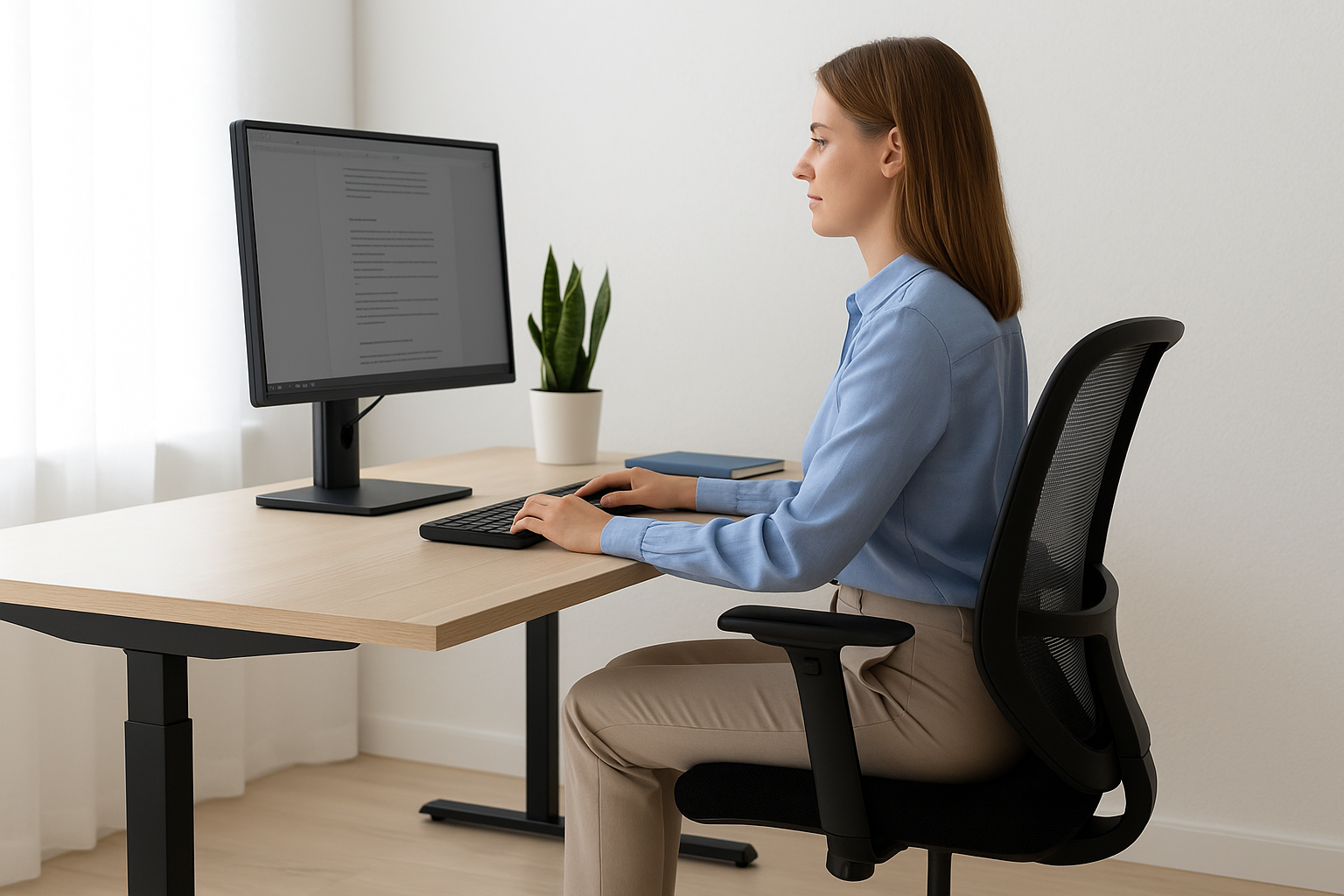A woman sitting upright with perfect posture at a modern ergonomic desk in a bright, minimalist office, using a computer monitor positioned at eye level — illustrating healthy workspace posture for back and neck pain prevention.
