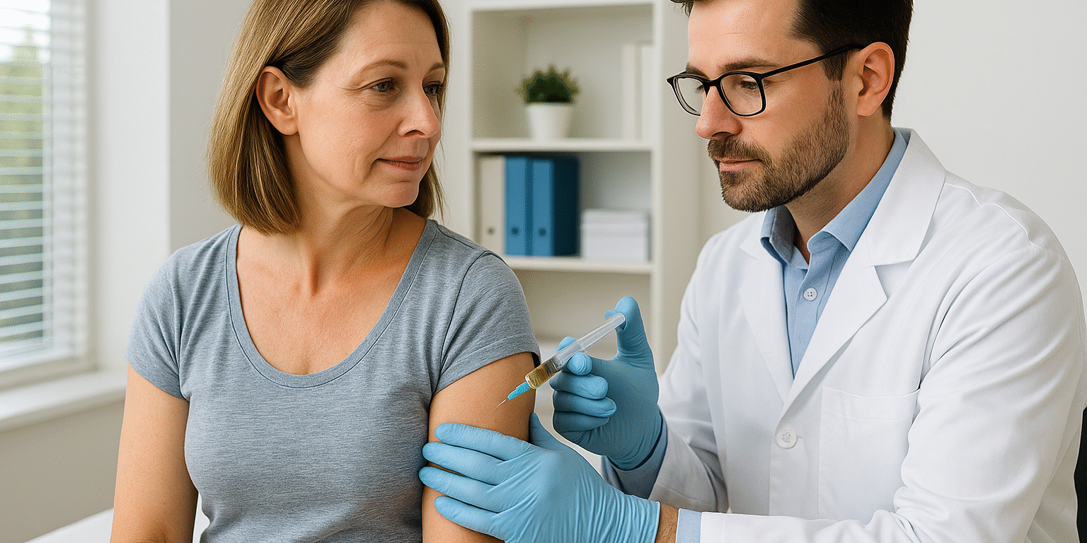 A doctor in a white coat administers a regenerative medicine injection to a patient’s arm in a bright, modern Southwest Florida medical office, illustrating advanced, non-surgical pain treatment options.