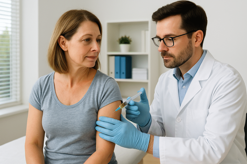 A doctor wearing gloves administers an injection into a woman’s upper arm in a medical office. The woman sits calmly while the doctor prepares the syringe. A doctor in a white coat administers a regenerative medicine injection to a patient’s arm in a bright, modern Southwest Florida medical office, illustrating advanced, non-surgical pain treatment options.