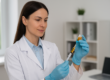 A medical professional in a white lab coat prepares a PRP Therapy injection using a vial of platelet-rich plasma in a bright, modern clinic—illustrating regenerative medicine and advanced pain treatment in Sarasota and Charlotte Counties.