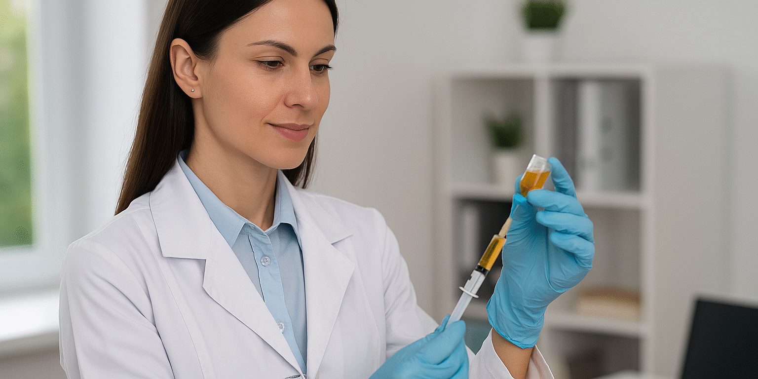A medical professional in a white lab coat prepares a PRP Therapy injection using a vial of platelet-rich plasma in a bright, modern clinic—illustrating regenerative medicine and advanced pain treatment in Sarasota and Charlotte Counties.