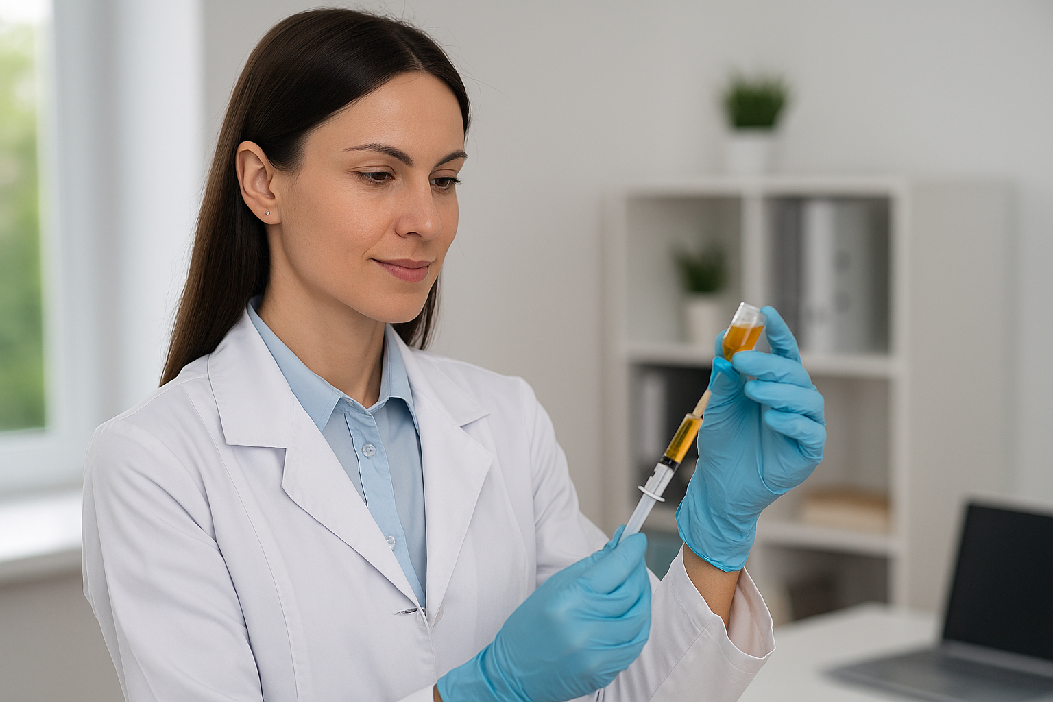 A medical professional in a white lab coat prepares a PRP Therapy injection using a vial of platelet-rich plasma in a bright, modern clinic—illustrating regenerative medicine and advanced pain treatment in Sarasota and Charlotte Counties.