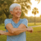 A smiling senior woman stretches outdoors in a sunny Florida park surrounded by palm trees, symbolizing wellness and a pain-free start to the new year in Venice and Port Charlotte.