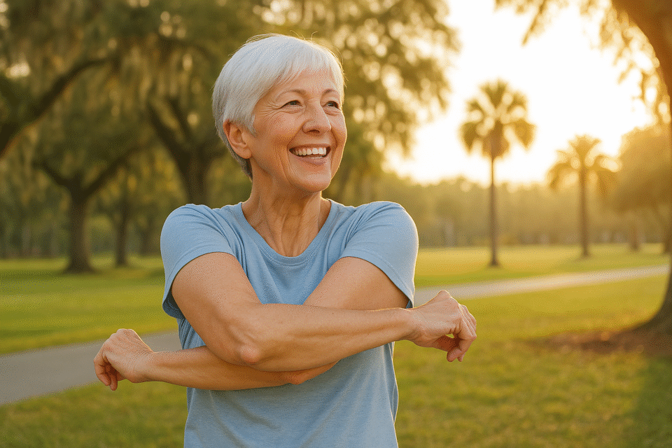 Older woman with short gray hair, wearing a light blue t-shirt, stretches her arms and smiles outdoors in a park during sunrise or sunset. A smiling senior woman stretches outdoors in a sunny Florida park surrounded by palm trees, symbolizing wellness and a pain-free start to the new year in Venice and Port Charlotte.