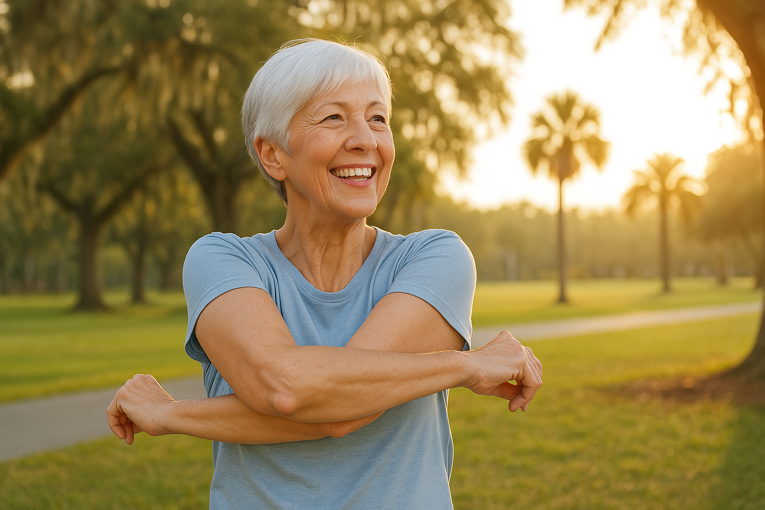 A smiling senior woman stretches outdoors in a sunny Florida park surrounded by palm trees, symbolizing wellness and a pain-free start to the new year in Venice and Port Charlotte.