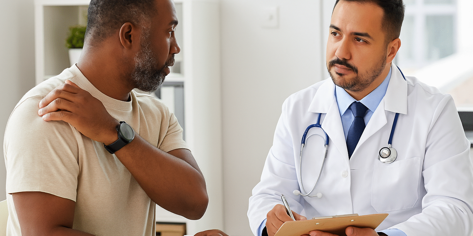 A man touches his shoulder while describing pain to a doctor, who is taking notes and listening attentively in a medical office. A doctor and patient discuss treatment for a shoulder injury in a bright, modern clinic—illustrating professional, compassionate care for workplace injury and Workers’ Comp recovery in Southwest Florida.