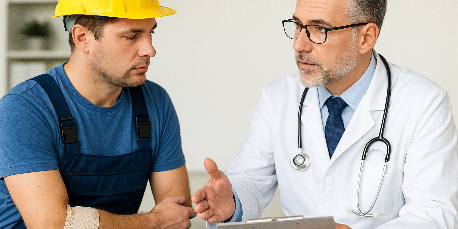 A doctor in a white coat discusses a clipboard with a construction worker wearing a yellow helmet and an arm bandage. A doctor discusses recovery options with an injured worker wearing a hard hat and arm bandage in a bright medical office, illustrating compassionate care and Workers’ Comp recovery services in Venice and Port Charlotte, FL.