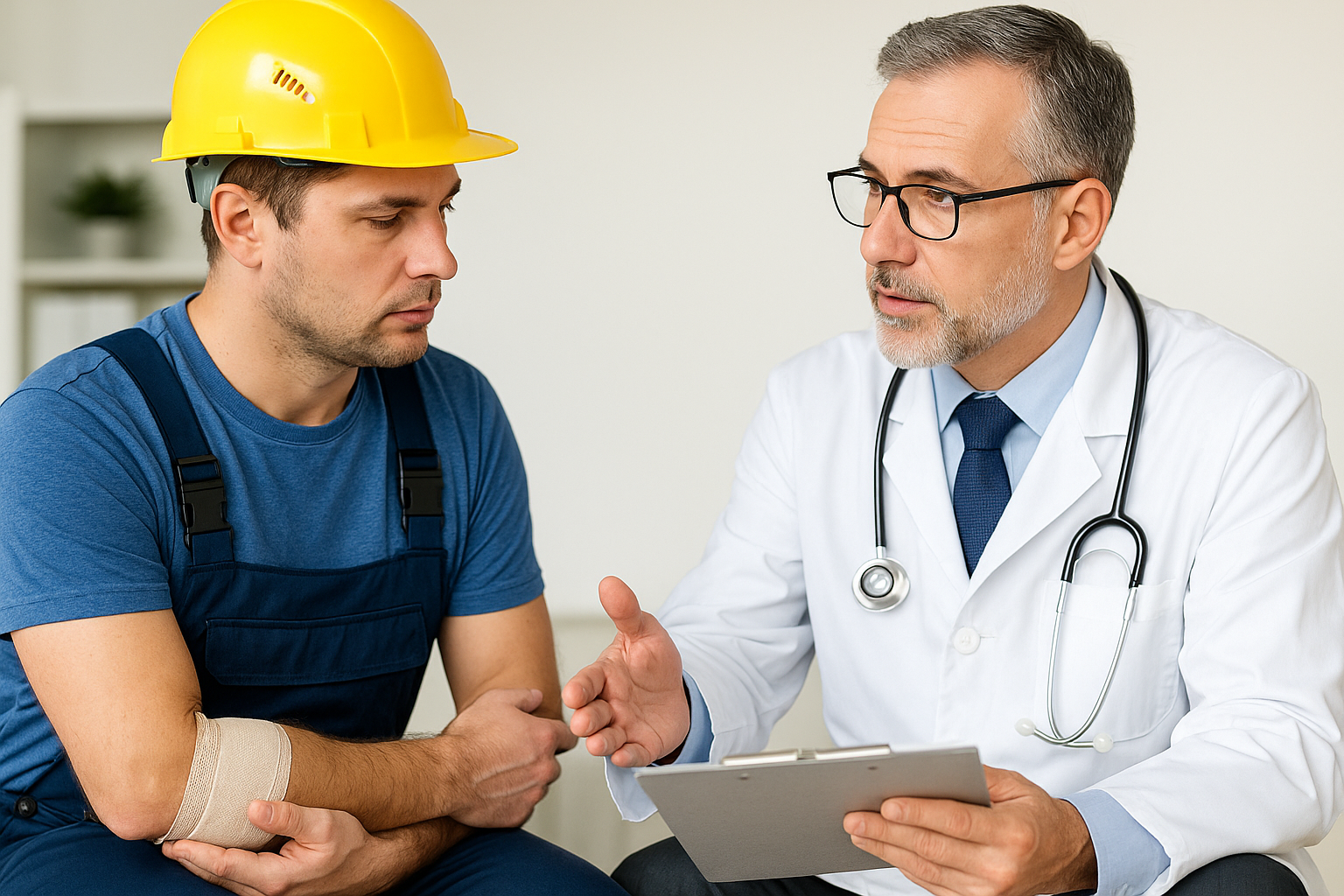 A doctor discusses recovery options with an injured worker wearing a hard hat and arm bandage in a bright medical office, illustrating compassionate care and Workers’ Comp recovery services in Venice and Port Charlotte, FL.