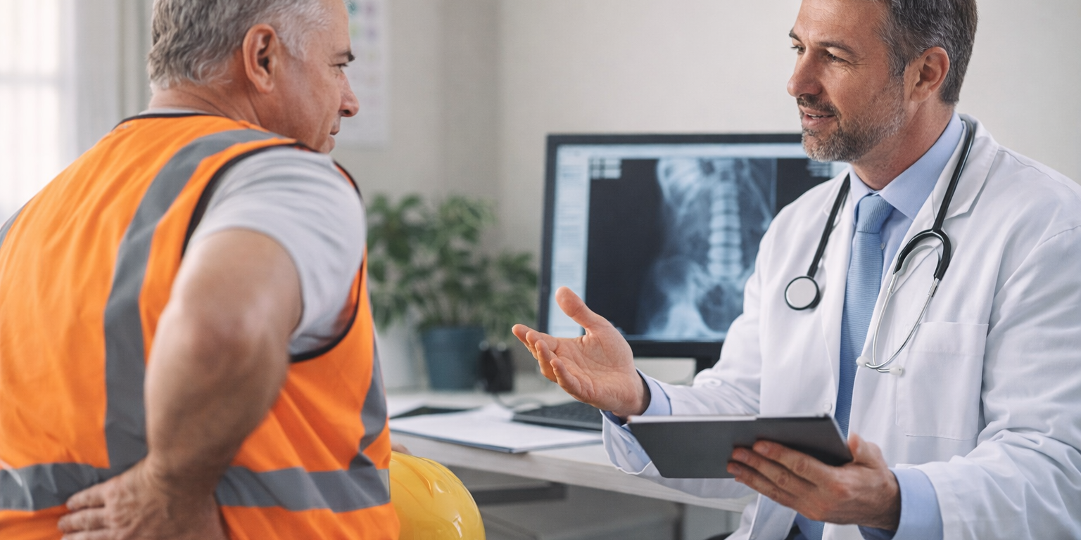 A doctor talking to a man in a hard hat. A pain management doctor consults with an injured construction worker holding his lower back, discussing non-surgical treatment options for a work-related back injury during a Workers’ Compensation visit in Southwest Florida.
