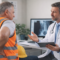 A pain management doctor consults with an injured construction worker holding his lower back, discussing non-surgical treatment options for a work-related back injury during a Workers’ Compensation visit in Southwest Florida.