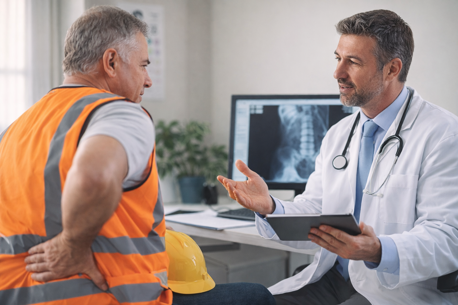 A pain management doctor consults with an injured construction worker holding his lower back, discussing non-surgical treatment options for a work-related back injury during a Workers’ Compensation visit in Southwest Florida.