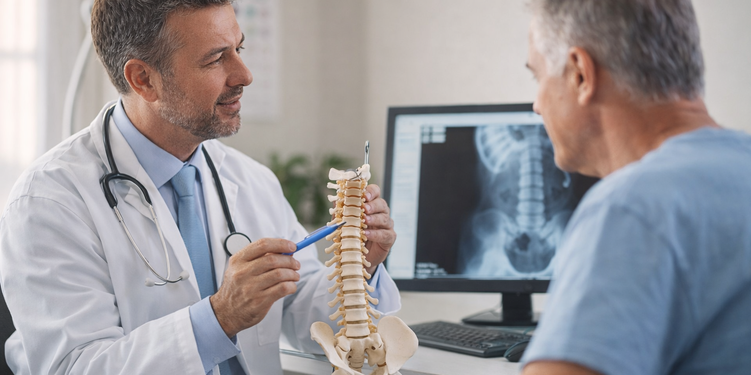 A pain management doctor explains chronic back pain treatment options to a patient using a spine model during a consultation in a modern medical office in Venice and Port Charlotte, Florida.