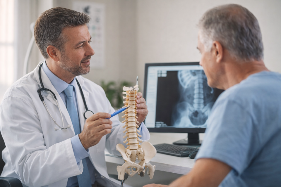 A pain management doctor explains chronic back pain treatment options to a patient using a spine model during a consultation in a modern medical office in Venice and Port Charlotte, Florida.