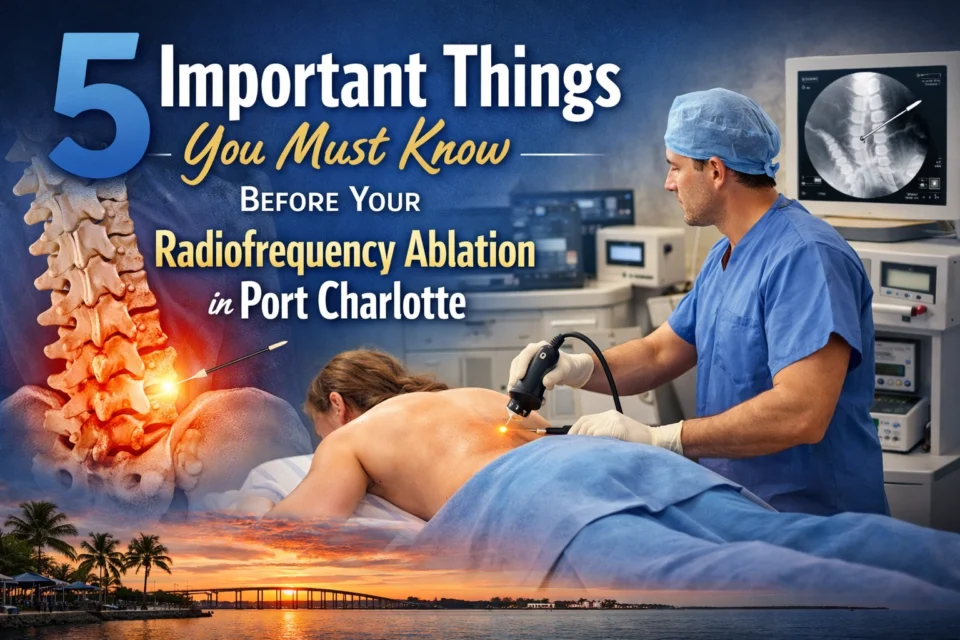 Medical professional performs radiofrequency ablation on a patient's back, with medical equipment and spine illustration; text highlights tips for the procedure in Port Charlotte.