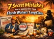 An illustration showing a stressed worker, denied workers’ comp claim paperwork, a magnifying glass over “Error,” a clock, and a shadowy figure, with text about mistakes in Florida workers' comp claims.