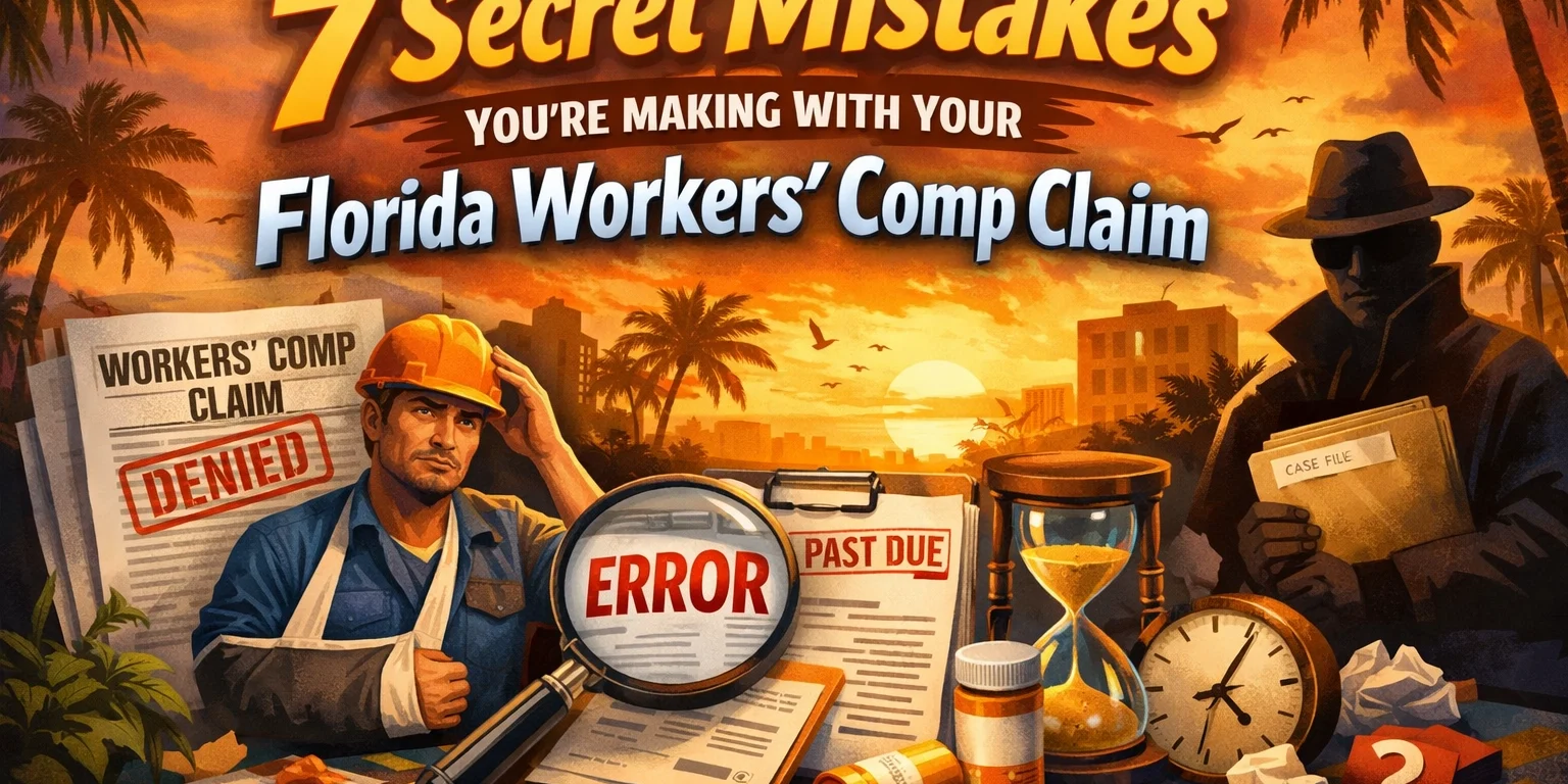 An illustration showing a stressed worker, denied workers’ comp claim paperwork, a magnifying glass over “Error,” a clock, and a shadowy figure, with text about mistakes in Florida workers' comp claims.
