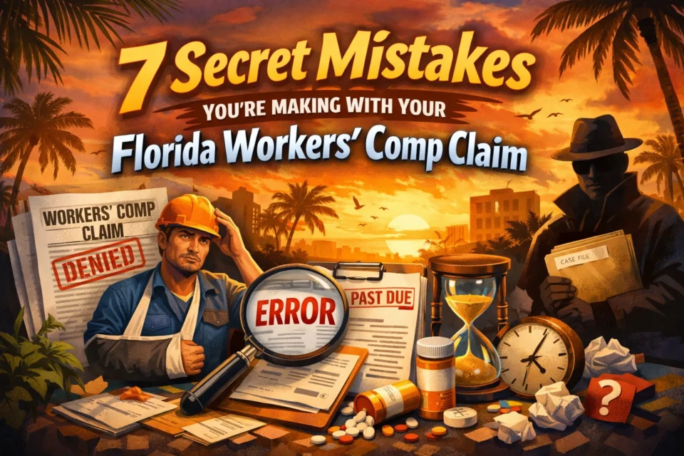 An illustration showing a stressed worker, denied workers’ comp claim paperwork, a magnifying glass over “Error,” a clock, and a shadowy figure, with text about mistakes in Florida workers’ comp claims. An illustration showing a stressed worker, denied workers’ comp claim paperwork, a magnifying glass over “Error,” a clock, and a shadowy figure, with text about mistakes in Florida workers' comp claims.