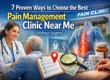 Collage showing a doctor consulting a patient, spine illustration, pills, painkillers, a "pain clinic" building, a map with location pin, and the text “Pain Management Clinic Near Me (Without Surgery).”.
