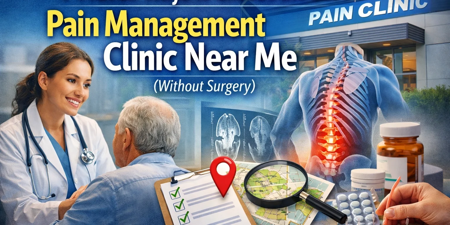 Collage showing a doctor consulting a patient, spine illustration, pills, painkillers, a “pain clinic” building, a map with location pin, and the text “Pain Management Clinic Near Me (Without Surgery).”. Collage showing a doctor consulting a patient, spine illustration, pills, painkillers, a "pain clinic" building, a map with location pin, and the text “Pain Management Clinic Near Me (Without Surgery).”.
