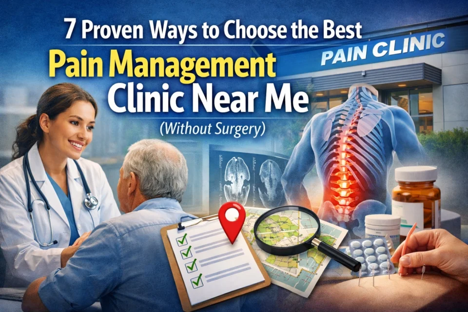 Collage showing a doctor consulting a patient, spine illustration, pills, painkillers, a “pain clinic” building, a map with location pin, and the text “Pain Management Clinic Near Me (Without Surgery).”. Collage showing a doctor consulting a patient, spine illustration, pills, painkillers, a "pain clinic" building, a map with location pin, and the text “Pain Management Clinic Near Me (Without Surgery).”.
