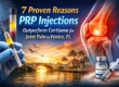 A promotional graphic for PRP injections, featuring a syringe, knee joint illustration, cortisone vial, and Venice, FL landscape, with text about joint pain treatment.