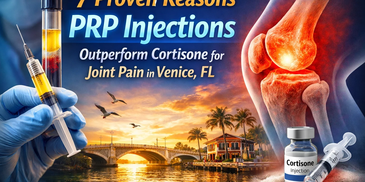A promotional graphic for PRP injections, featuring a syringe, knee joint illustration, cortisone vial, and Venice, FL landscape, with text about joint pain treatment.