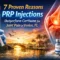 A promotional graphic for PRP injections, featuring a syringe, knee joint illustration, cortisone vial, and Venice, FL landscape, with text about joint pain treatment.