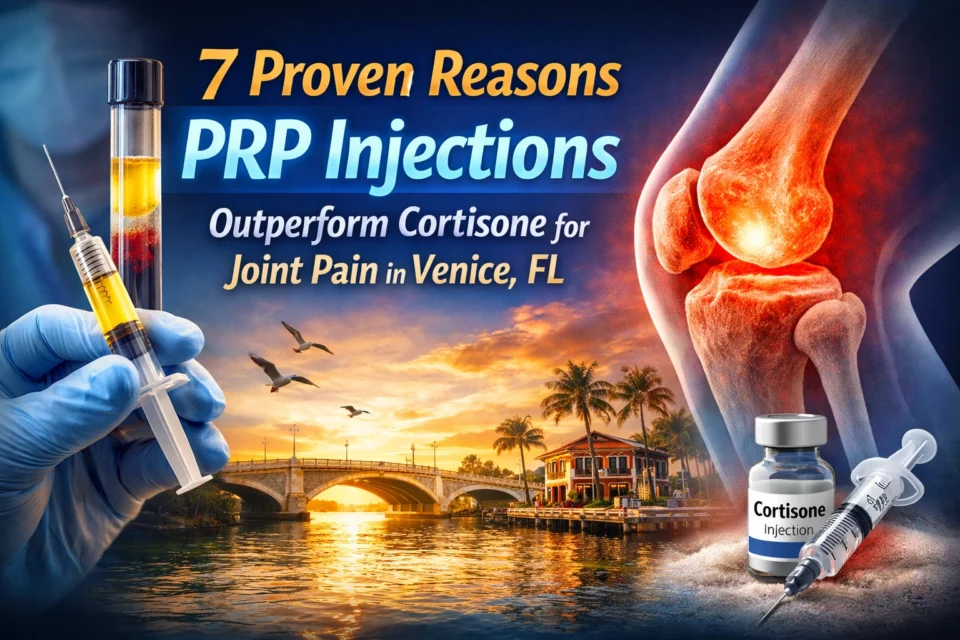 A promotional graphic for PRP injections, featuring a syringe, knee joint illustration, cortisone vial, and Venice, FL landscape, with text about joint pain treatment. A promotional graphic for PRP injections, featuring a syringe, knee joint illustration, cortisone vial, and Venice, FL landscape, with text about joint pain treatment.