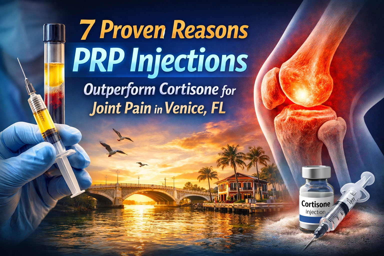 A promotional graphic for PRP injections, featuring a syringe, knee joint illustration, cortisone vial, and Venice, FL landscape, with text about joint pain treatment.