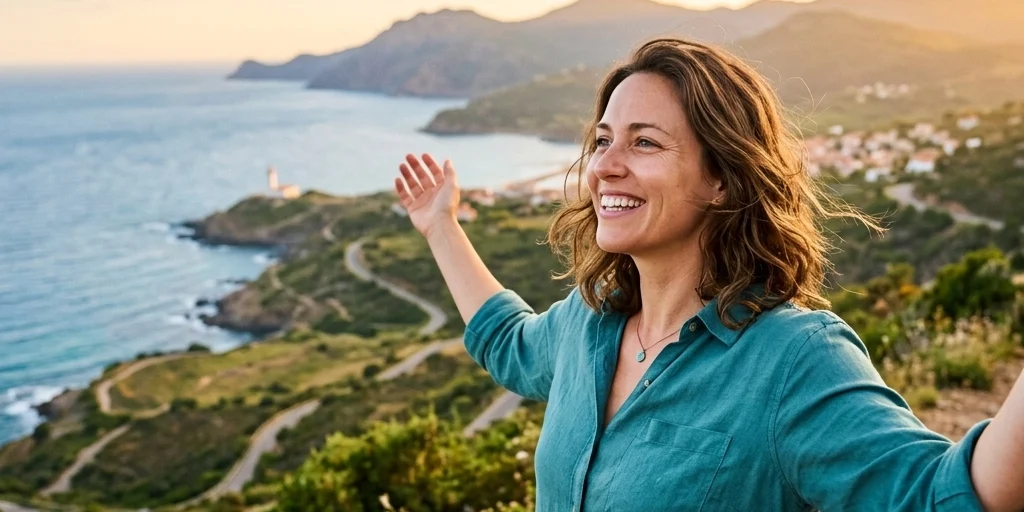 Woman smiling with arms outstretched on a coastal hillside at sunset, with a view of the ocean, winding roads, and distant mountains. smiling and experiencing migraine relief.