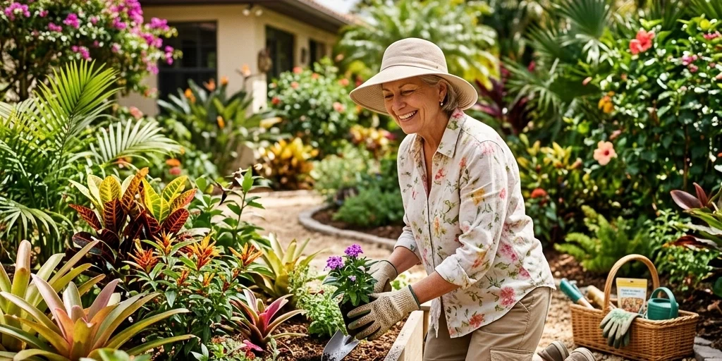 An older woman kneels on a garden pad, planting flowers in a raised garden bed in a lush, colorful backyard. Gardening tools and a basket are nearby. she is smiling experiencing pain-free gardening.