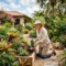 An older woman kneels on a garden pad, planting flowers in a raised garden bed in a lush, colorful backyard. Gardening tools and a basket are nearby.
