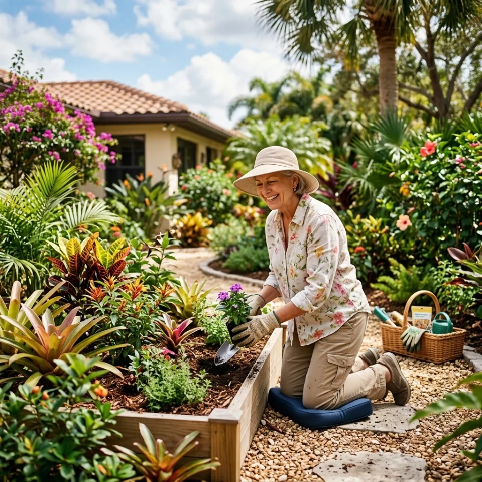 An older woman kneels on a garden pad, planting flowers in a raised garden bed in a lush, colorful backyard. Gardening tools and a basket are nearby. she is smiling experiencing pain-free gardening.