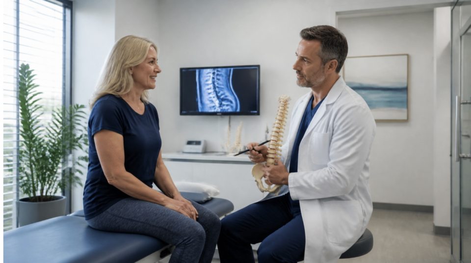 A patient discussing sciatica treatment options with a board-certified pain specialist at Family Spine & Pain Care Institute in Venice, Florida.