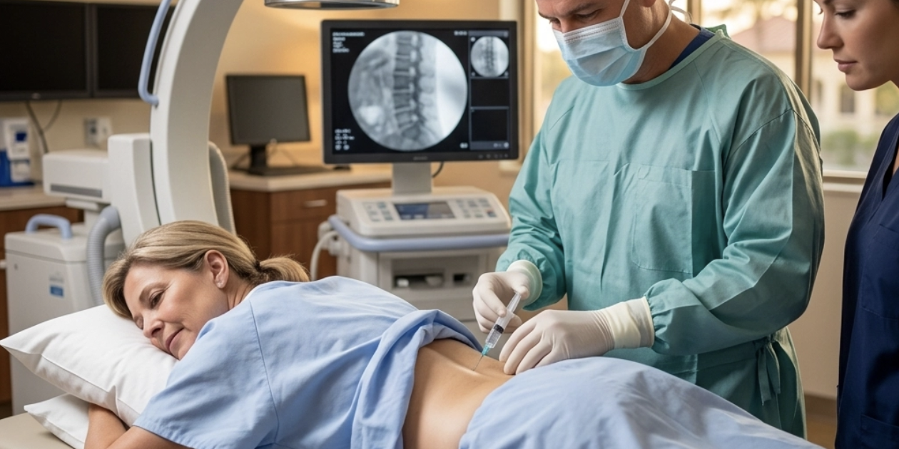 An expert physician performing a precision-guided epidural steroid injections for chronic back pain relief in Port Charlotte, Florida.