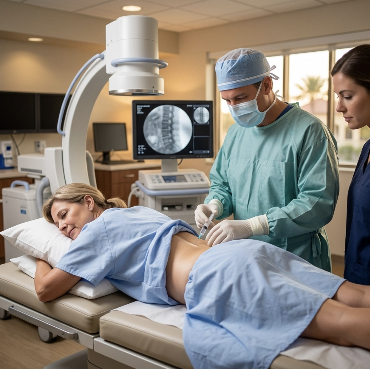 An expert physician performing a precision-guided epidural steroid injections for chronic back pain relief in Port Charlotte, Florida.