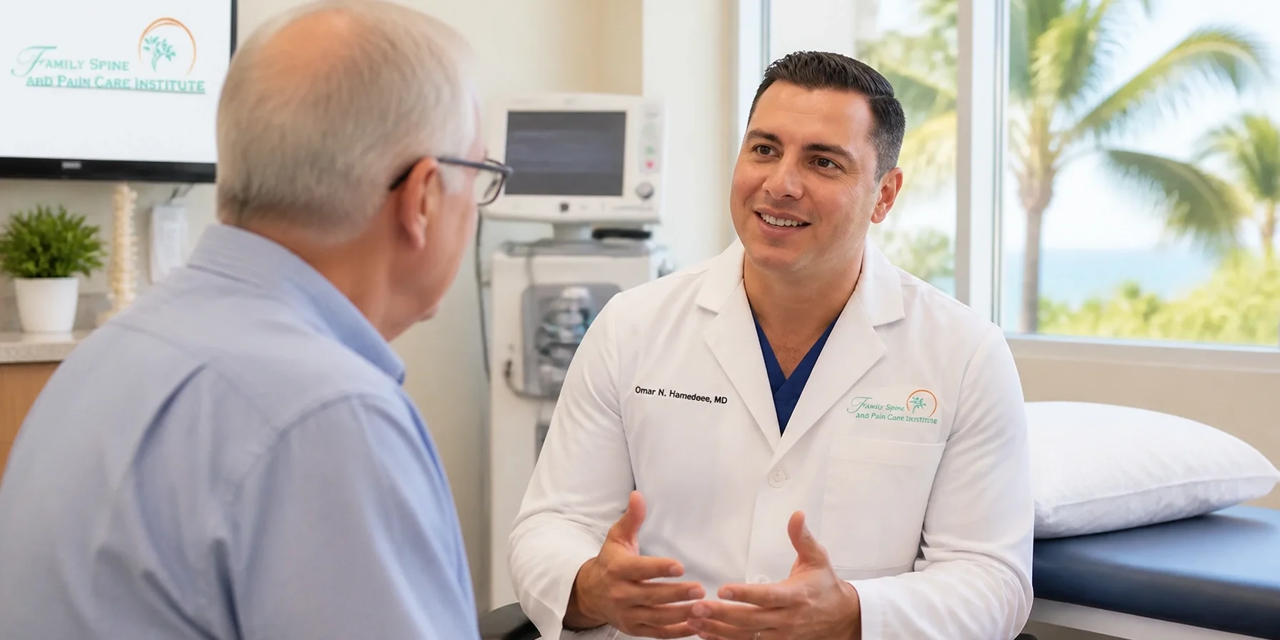 A doctor in a white coat talks to an older male patient in a medical office with palm trees visible outside the window. Discussing the use of Botox for Chronic Migraines.