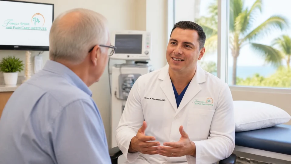 A doctor in a white coat talks to an older male patient in a medical office with palm trees visible outside the window. Discussing the use of Botox for Chronic Migraines.