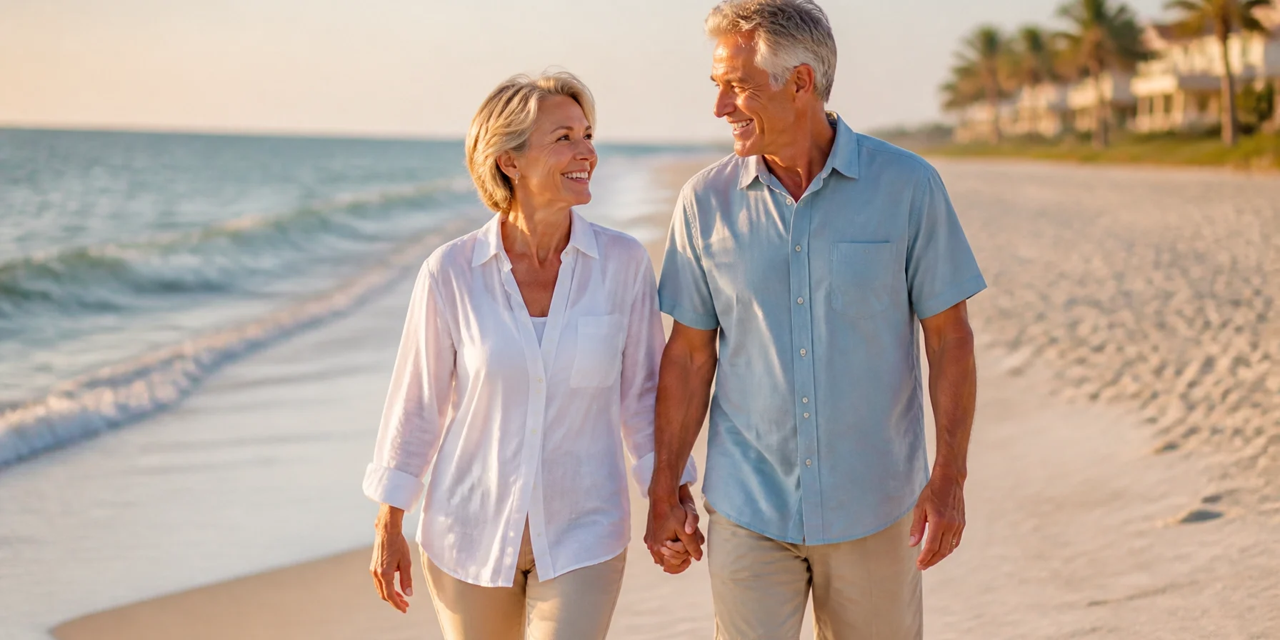 Active senior couple walking happily on a Venice, Florida beach, symbolizing mobility and relief from spinal stenosis pain via minuteman procedure.