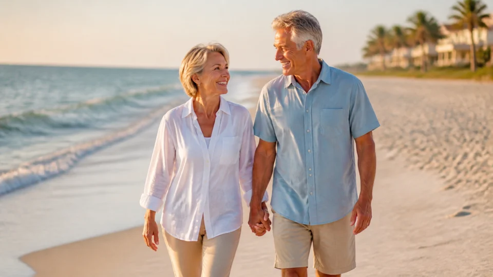 Active senior couple walking happily on a Venice, Florida beach, symbolizing mobility and relief from spinal stenosis pain via minuteman procedure.