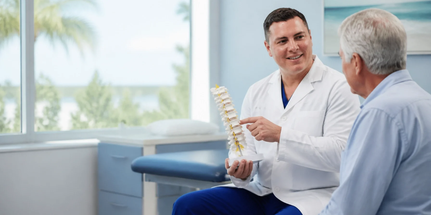 A doctor in a white coat holds a spine model and speaks to an older male patient in a medical office. A doctor in a white coat holds a spine model and speaks to an older male patient in a medical office about Kyphoplasty.