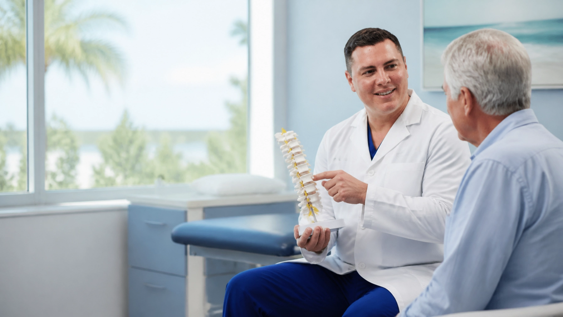A doctor in a white coat holds a spine model and speaks to an older male patient in a medical office. A doctor in a white coat holds a spine model and speaks to an older male patient in a medical office about Kyphoplasty.