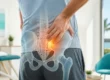 A person holds their lower back in SI joint pain; a digital illustration of the spine and pelvis highlights a painful area.