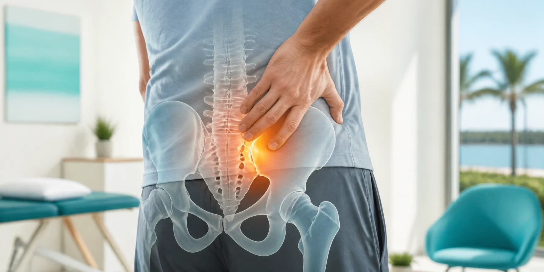 A person holds their lower back in SI joint pain; a digital illustration of the spine and pelvis highlights a painful area.