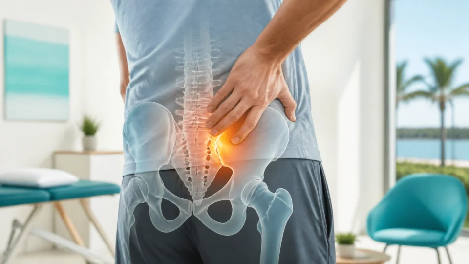 A person holds their lower back in SI joint pain; a digital illustration of the spine and pelvis highlights a painful area.