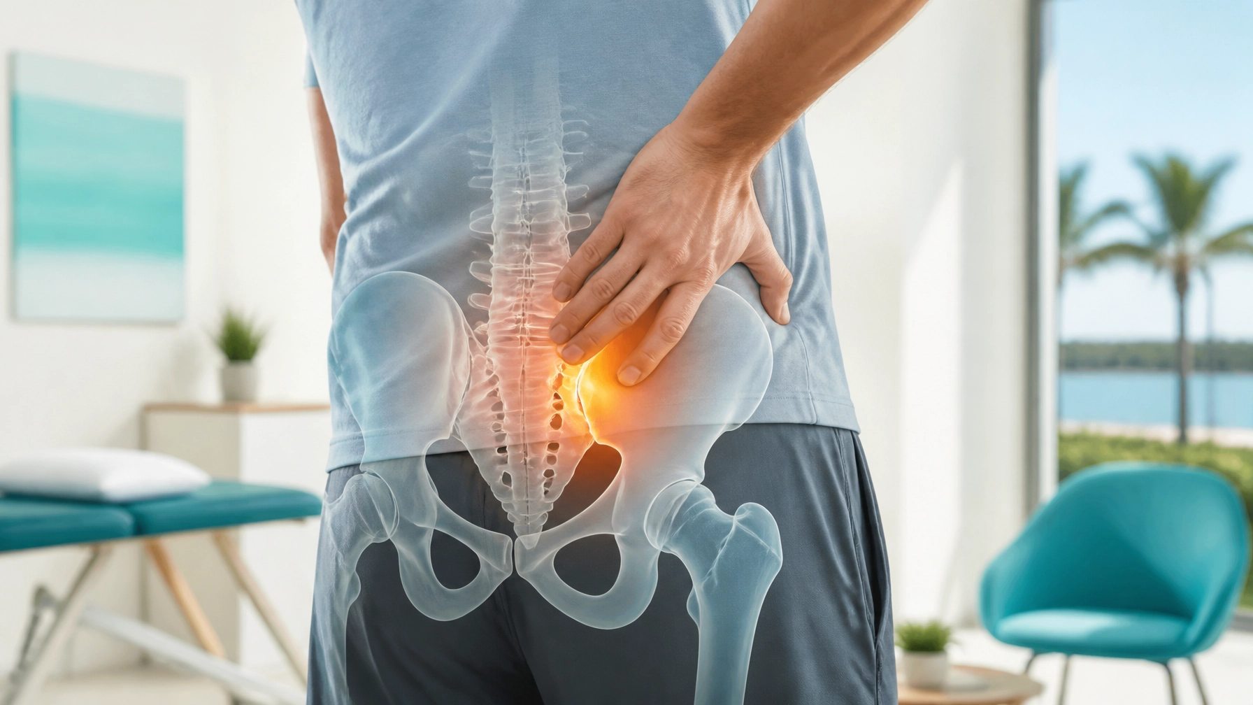 A person holds their lower back in pain; a digital illustration of the spine and pelvis highlights a painful area. A person holds their lower back in SI joint pain; a digital illustration of the spine and pelvis highlights a painful area.