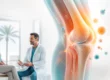 A doctor talks to a woman in an exam room with a large, semi-transparent illustration of a knee joint overlaid in the foreground discussing stem cell therapy for joint pain.